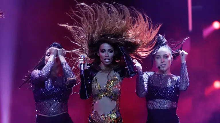 Eleni Foureira, la representante de Chipre en un momento del ensayo de su canción 'Fuego'. Foto Andres Putting (ESC)