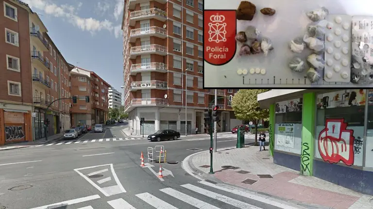 Imagen de las sustancias incautadas por la Policía Foral en una bajera del barrio de la Milagrosa, junto a una fotogrfía de archivo del barrio pamplonés NAVARRACOM