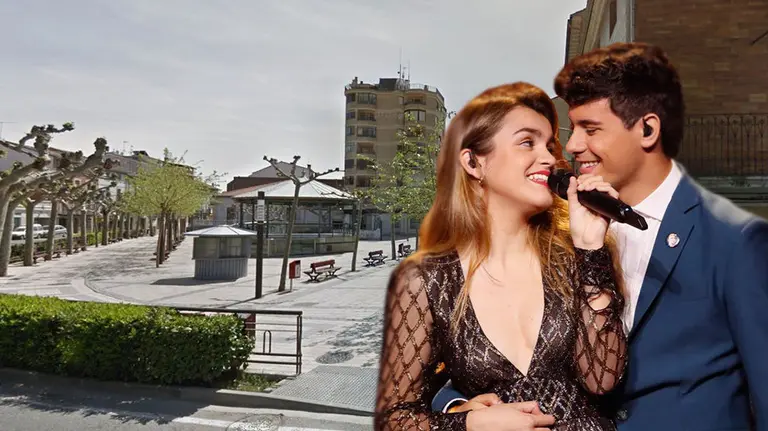 Montaje con la Plaza de España de Lodosa y Amaia y Alfred durante uno de los ensayes en Lisboa. CEDIDA