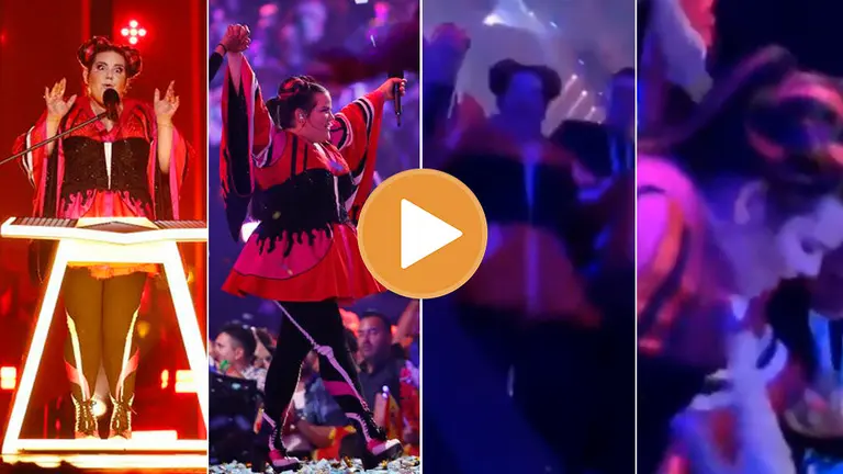 Netta, la cantante de Israel, durante su actuación con la que ha ganado Eurovisión y durante el resbalón que ha sufrido en el backstage Fotos ESC TWITTER