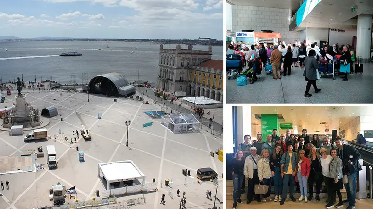 A la izquierda, el Eurovillage totalmente vacía y, a la derecha, imagen del aeropuerto y la delegación española antes de coger el vuelo de regreso a España. NAVARRACOM