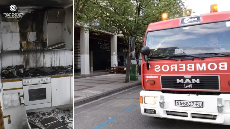 Imagen del incendio de una cocina registrado en una vivienda de la avenida Pío XII de Pamplona Foto POLICÍA MUNICIPAL BOMBEROS DE NAVARRA
