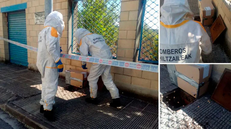 El personal de bomberos retira dos colmenas de abejas en Noáin y Barañáin. BOMBEROS DE NAVARRA