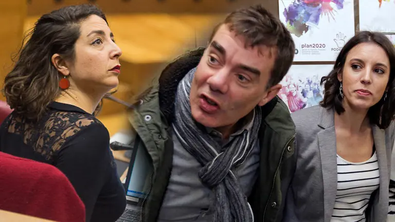 La ex secreataria general de Podemos Navarra, Laura Pérez, junto a una imagen del actual líder de la formación en Navarra, Eduardo Pérez, y la portavoz en el Congreso, Irene Montero NAVARRACOM