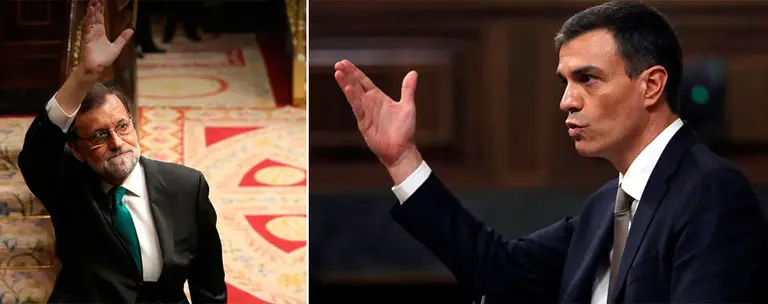 A la derecha, Mariano Rajoy se despide del Congreso de los Diputados y, a la izquierda, Pedro Sánchez durante una intervención. EFE