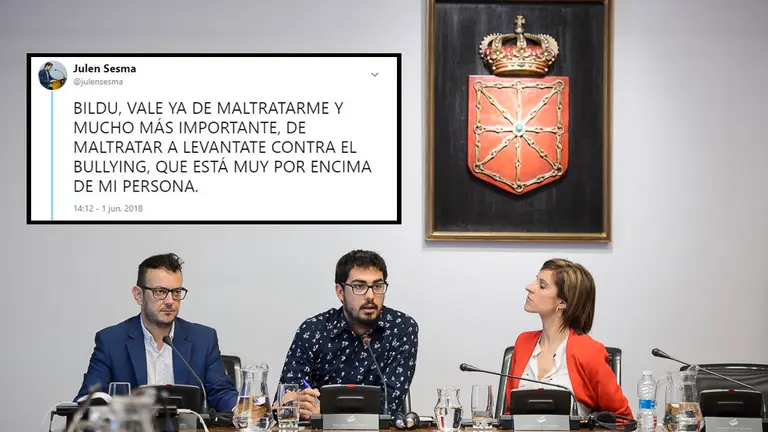 Julen Sesma, presidente de la asociación Levántante contra el Bullying, interviene en el Parlamento foral, donde ha denunciado los ataques recibidos por Bildu contra su persona y la entidad que preside NAVARRACOM