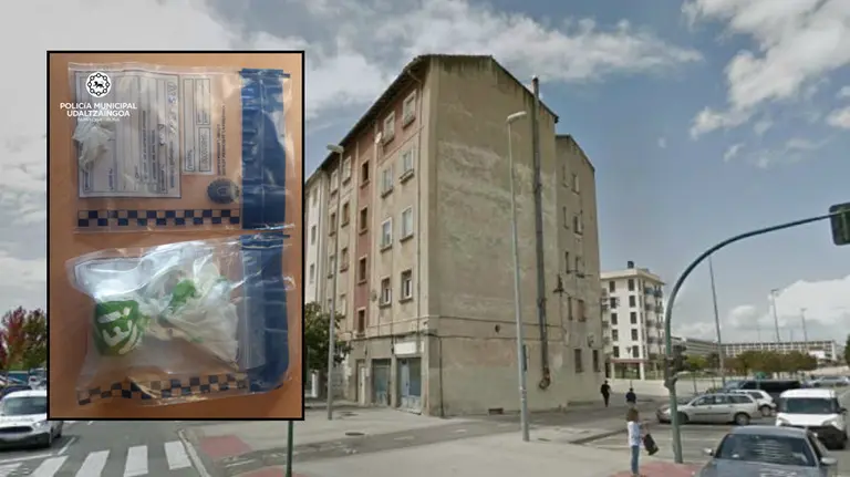 Imagen de las cantidades de speed incautadas en una vivieda de Buztintxuri, junto a una imagen de archivo del barrio pamplonés NAVARRACOM