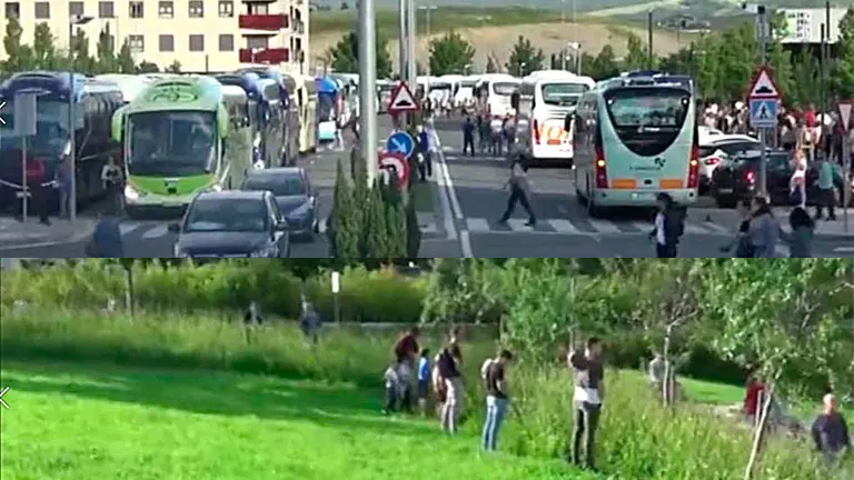 Arriba, imagen de varios autobuses que llegan para apoyar a los agresores de Alsasua y, abajo, varias personas mean tras descender de los vehículos NAVARRA RESISTE
