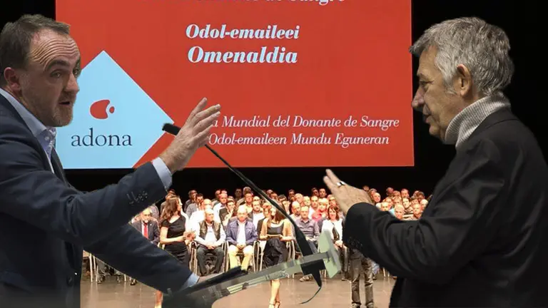 El presidente de UPN, Javier Esparza, junto al portavoz de Geroa Bai, Koldo Martínez, junto a una imagen tuiteada por el regionalista sobre el homenaje anual de Adona FOTOMONTAJE