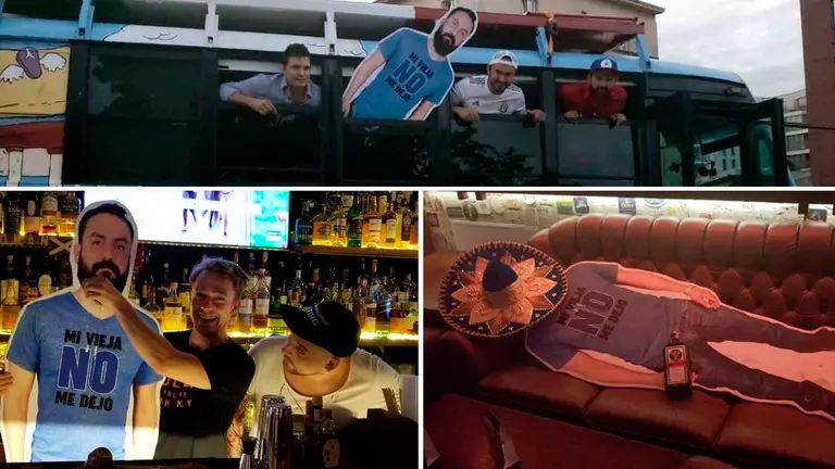 La cuadrilla de Javier muestra el muñeco que han hecho con la foto de su amigo para tenerlo presente en su viaje a Rusia para disfrutar del Mundial de fútbol FACEBOOK