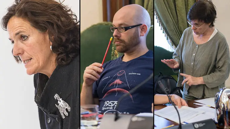 Itziar Gómez, Armando Cuenca y Edurne Eguino, de los grupos municipales de Geroa Bai, Aranzadi e I-E respectivamente en el Ayuntamiento de Pamplona NAVARRACOM
