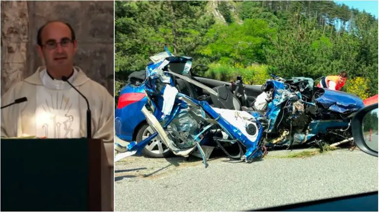 Mikel Biain, a la izquierda, en una imagen durante una homilía. A la derecha, estado en el que ha quedado su vehículo.