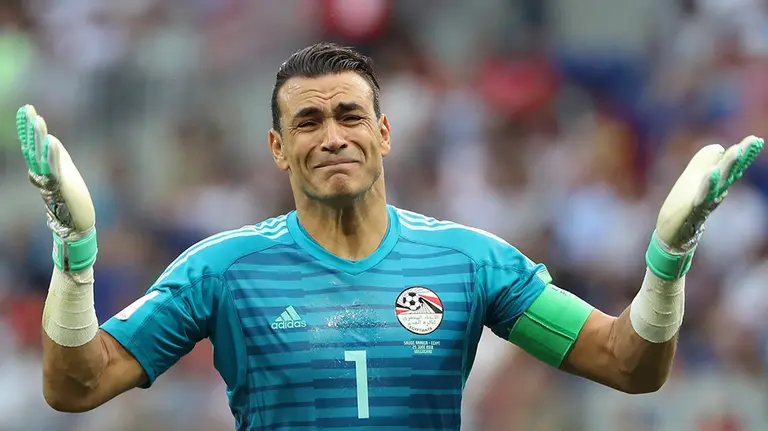 Volgograd (Russian Federation), 25/06/2018.- Goalkeeper Essam El-Hadary of Egypt reacts during the FIFA World Cup 2018 group A preliminary round soccer match between Saudi Arabia and Egypt in Volgograd, Russia, 25 June 2018. (RESTRICTIONS APPLY: Editorial Use Only, not used in association with any commercial entity - Images must not be used in any form of alert service or push service of any kind including via mobile alert services, downloads to mobile devices or MMS messaging - Images must appear as still images and must not emulate match action video footage - No alteration is made to, and no text or image is superimposed over, any published image which: (a) intentionally obscures or removes a sponsor identification image; or (b) adds or overlays the commercial identification of any third party which is not officially associated with the FIFA World Cup) (Egipto, Mundial de F&uacute;tbol, Arabia Saudita, Volgogrado, Rusia) EFE/EPA/ZURAB KURTSIKIDZE EDITORIAL USE ONLY EPA-EFE/ZURAB KURTSIKIDZE EDITORIAL USE ONLY