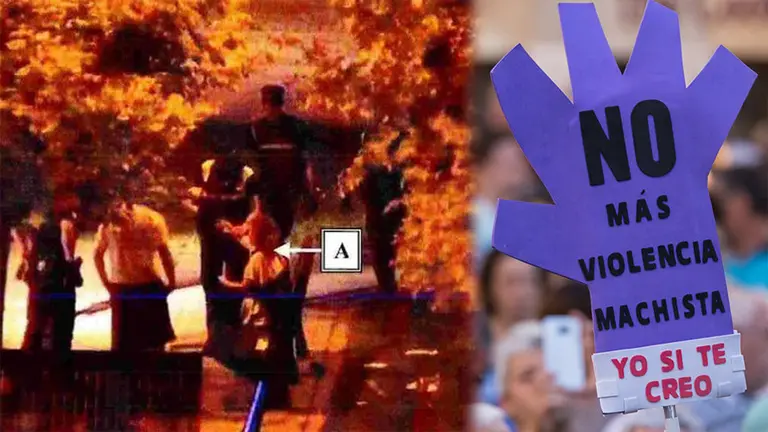 Imagen de las cámaras de seguridad captando la atención policial a la víctima de los abusos sexuales de La Manada en Sanfermines, junto a una imagen de las manifestaciones condenando los hechos NAVARRACOM