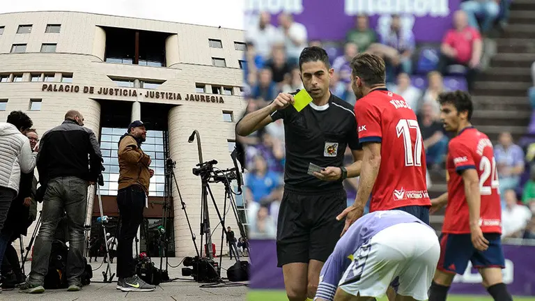 Imagen de varios periodistas cubriendo una concentración en el Palacio de Justicia de Navarra junto a una fotografía de un partido reciente de Osasuna FOTOMONTAJE