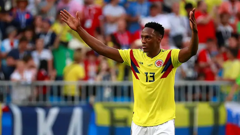 El defensa colombiano Yerry Mina celebra su gol durante el partido Senegal-Colombia, del Mundial de Fútbol de Rusia 2018, en el Samara Arena. EFE/José Méndez