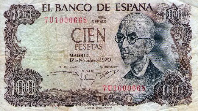 Un antiguo billete de 100 pesetas.
