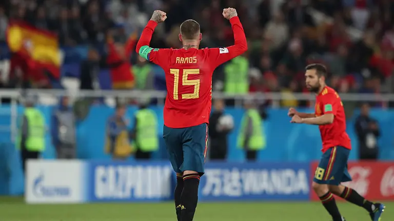 Kaliningrad (Russian Federation), 25/06/2018.- Sergio Ramos of Spain celebrates the 2-2 goal during the FIFA World Cup 2018 group B preliminary round soccer match between Spain and Morocco in Kaliningrad, Russia, 25 June 2018. (RESTRICTIONS APPLY: Editorial Use Only, not used in association with any commercial entity - Images must not be used in any form of alert service or push service of any kind including via mobile alert services, downloads to mobile devices or MMS messaging - Images must appear as still images and must not emulate match action video footage - No alteration is made to, and no text or image is superimposed over, any published image which: (a) intentionally obscures or removes a sponsor identification image; or (b) adds or overlays the commercial identification of any third party which is not officially associated with the FIFA World Cup) (España, Mundial de Fútbol, Kaliningrado, Marruecos, Rusia) EFE/EPA/MARTIN DIVISEK EDITORIAL USE ONLY