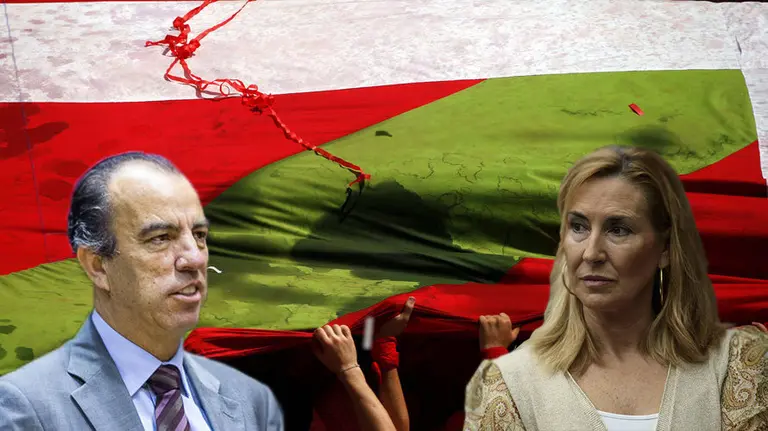 Carlos García Adanero, parlamentario de UPN, y Ana Beltrán, presidenta del PPN, con una ikurriña de fondo. NAVARRA.COM