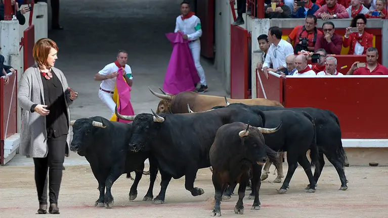 Montaje de la presidenta del Parlamento de Navarra, Ainhoa Aznarez, y la llegada de uno de los encierros a la Plaza de Toros de Pamplona en 2017 NAVARRACOM