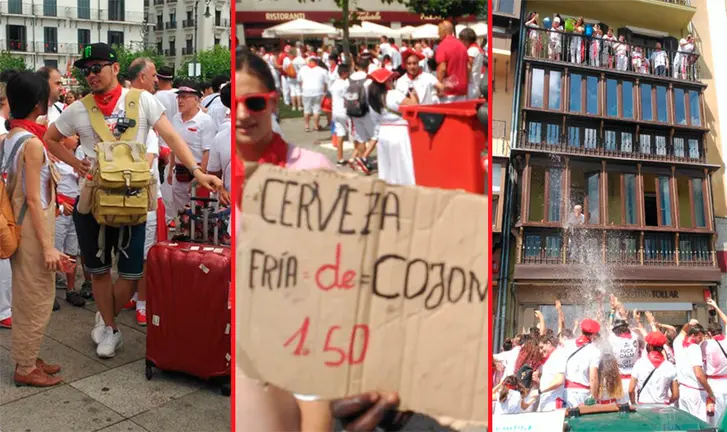 Dos turistas con maleta en pleno Chupinazo, un vendedor ambulante de cerveza fría de cojones y un jarro de agua fría desde un balcón, el ambiente vivido en la Plaza del Castillo el 6 de julio NAVARRACOM