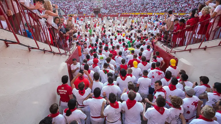 Tercer encierro de San Fermín 2018 con toros de Cebada Gago en la entrada a la plaza (19). IÑIGO ALZUGARAY