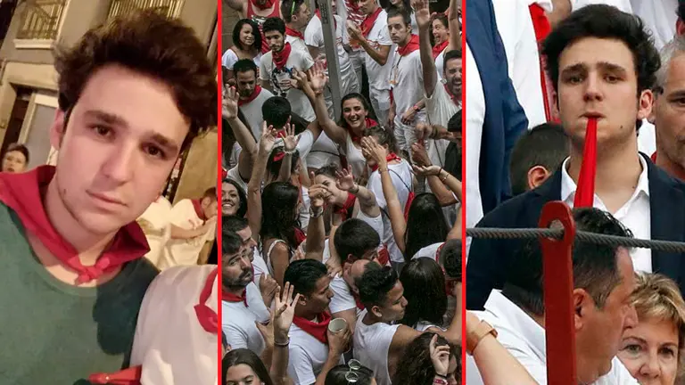 Felipe Juan Froilán en dos imágenes disfrutando de la fiesta y los toros de los Sanfermines de 2018, junto a una imagen de ambiente. NAVARRA.COM