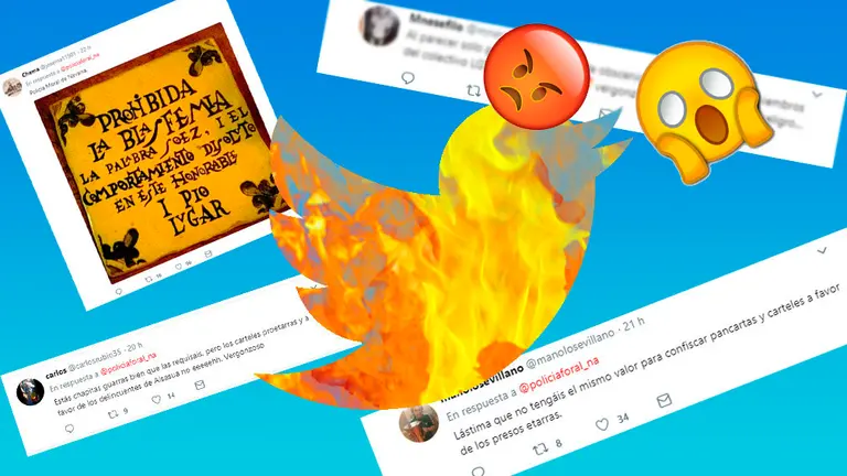 Montaje con los tuits que han comentado las chapas requisadas por la Policía Foral