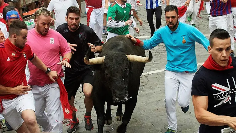 Séptimo encierro de San Fermín con toros de Jandilla en el tramo de Telefónica. EFE (1)
