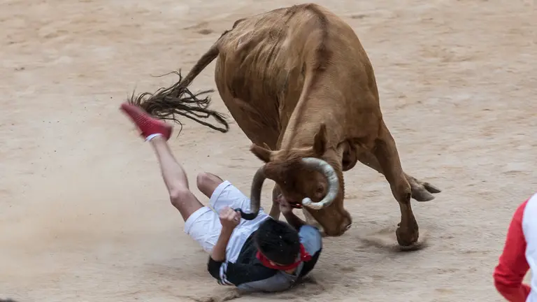 Las vaquillas llenan de diversión y de revolcones la Plaza de Toros tras el séptimo encierro de San Fermín 2018 (11). IÑIGO ALZUGARAY