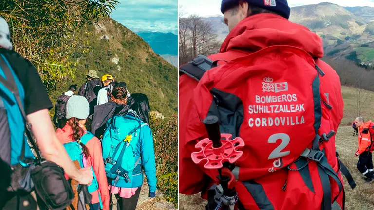 Fotomontaje de un grupo de excursionistas y los bomberos del cuerpo de Cordovilla que han participado en el rescate de Larraun