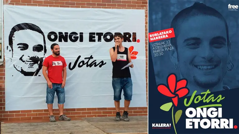 A la izquierda un momento del acto de 'bienvenida' al etarra y, a la derecha, cartel que anunciaba el evento en Burlada CEDIDAS