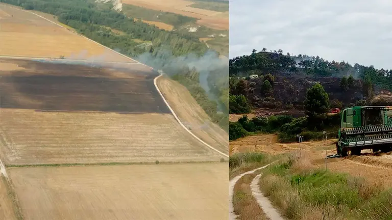 Dos-incendios-causados-por-cosechadoras,-a-la-izquierda-el-de-San-Vicente-y-a-la-derecha-el-de-Lumbier.-FOTO-BOMBEROS-NAVARRA