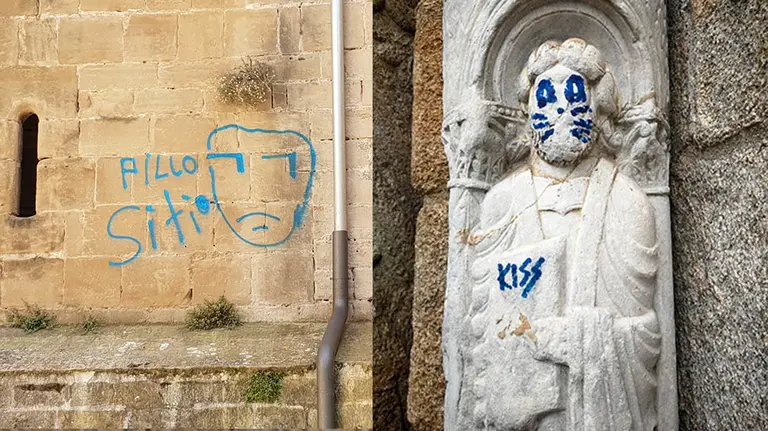 A la izquerda  la pintada en la Catedral de Pamplona y a la derecha la que ha aparecido en la de Santiago de Compostela