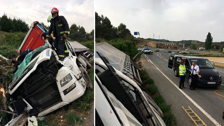 Los bomberos trabajan para rescatar el cuerpo sin vida de la persona atrapada en la cabina de un camión en Pueyo. BOMBEROS DE NAVARRA