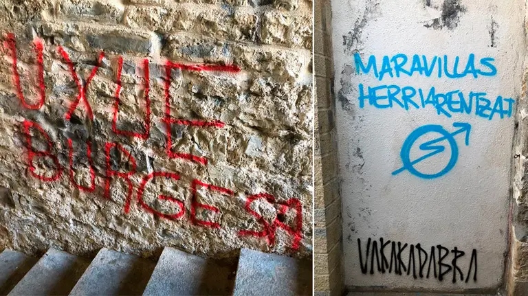 Nuevas pintadas en Pamplona contra la presidenta Uxue Barkos ante el desalojo de Marqu&eacute;s de Rozalejo. NAVARRA.COM