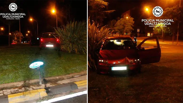 El coche que esta madrugada de martes ha acabado sobre una rotonda en Pamplona. POLICÍA MUNICIPAL DE PAMPLONA