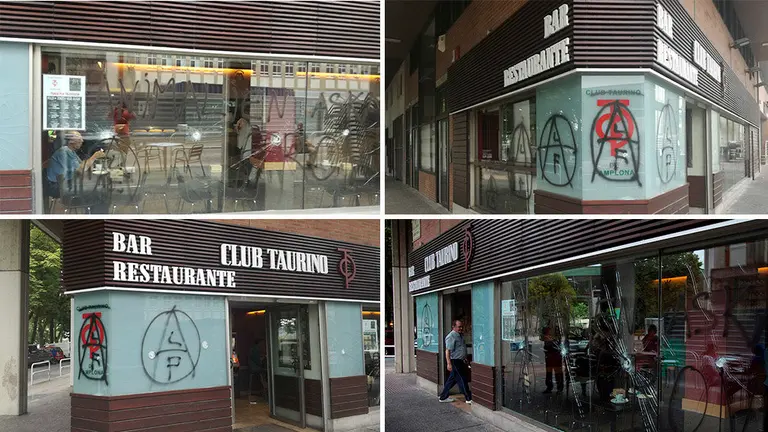 Montaje con los desperfectos en la fachada ClubTaurino tras el ataque de los animalistas
