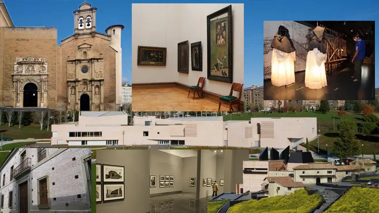 Montaje en el que aparecen el Museo de Navarra, el Museo de la Universidad de Navarra, el Museo Carlista, el Museo de Oteiza, así como varias exposiciones, entre ellas una del Museo de las Brujas de Zugarramurdi. NAVARRA.COM