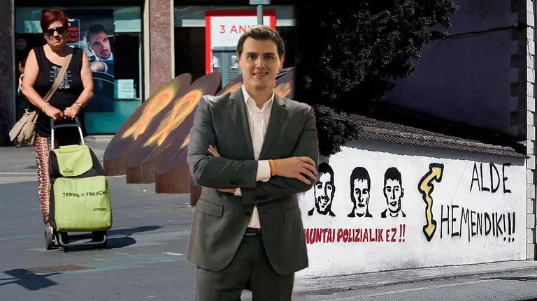 Montaje con imágenes del símbolo independentista del lazo amarillo, el presidente de Ciudadanos Albert Rivera, y una pintada a favor de los agresores de Alsasua. EFE  NAVARRA.COM