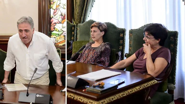 El alcalde Joseba Asirón acude a la primera comisión de Presidencia del nuevo curso político, ante la mirada de las concejalas Laura Berro y Edurne Eguino, expulsadas de su equipo de gobierno PABLO LASAOSA