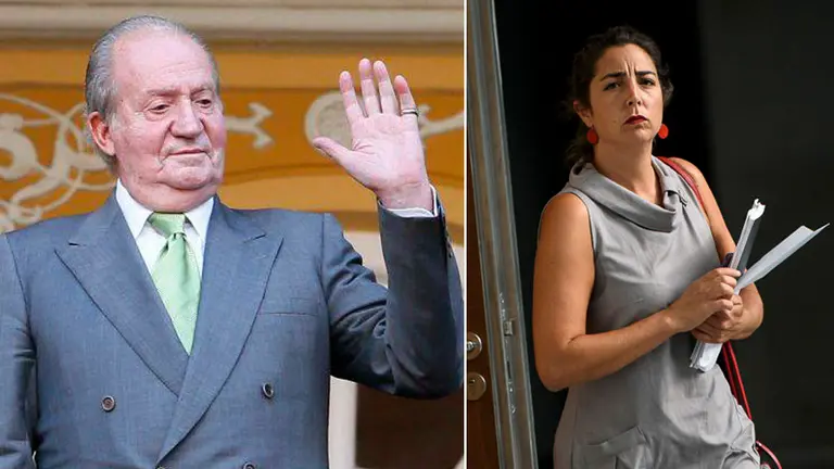 Imagen del rey emérito Juan Carlos I en un acto oficial junto a una fotografía de la parlamentaria de Podemos, Laura Pérez, acudiendo a una reunión en la Cámara foral NAVARRACOM