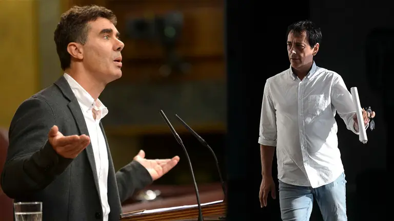 El portavoz de Podemos Orain Bai, Carlos Couso, junto a una imagen del secretario general Eduardo Santos NAVARRACOM