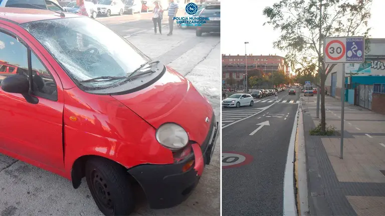 Estado en el que quedó la furgoneta que arrolló a un joven de 22 años en la calle Muelle de Pamplona. POLICÍA MUNICIPAL DE PAMPLONA