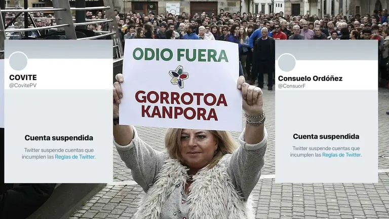 GRA136. ALSASUA (NAVARRA), 22/10-2016.- Consuelo Ordóñez, presidenta del colectivo Covite, junto con cuatro víctimas del terrorismo han defendido hoy con pancartas la presencia de la Guardia Civil en la localidad navarra de Alsasua coincidiendo con la manifestación en contra del cuerpo organizada por Sortu y colectivos vecinales. Los miembros de Covite se han concentrado este mediodía en la plaza del Pueblo de Alsasua antes de comenzar la marcha organizada en contra de la Guardia Civil, dos de cuyos efectivos fueron agredidos el pasado sábado en la localidad, además de sus respectivas parejas. EFE/Jesús Diges