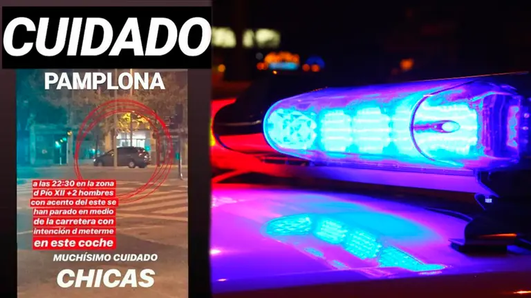 Imagen del mensaje difundido en redes sociales alertando sobre un intento de secuestro en la avenida Pío XII de Pamplona, calificado por fuentes policiales como un bulo. FOTOMONTAJE