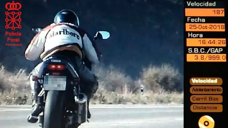 El motorista cazado a casi el doble de lo permitido en una carretera navarra. POLICÍA FORAL