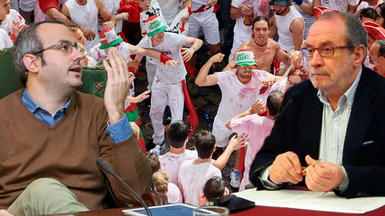 El concejal de UPN en Pamplona, Fermín Alonso, y el de Geroa Bai, Iñaki Cabasés, junto a la imagen de los agresiones de radicales en el Chupinazo de Sanfermines NAVARRACOM