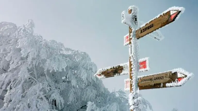 Varia señales cubiertas de hielo y nieve en el tramo del Camino de Santiago a su llegada a Navarra en la etapa de San Juan de Pie de Port a Roncesvalles. BOMBEROS DE NAVARRA
