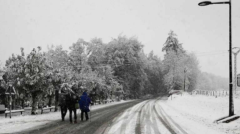 Tres peregrinos inician desde Roncesvalles el Camino de Santiago en una jornada donde la nieve cubre practicamente la N-135. El cielo estará hoy en Navarra cubierto tendiendo a nuboso y con intervalos nubosos y posibles brumas y bancos de niebla matinales en zonas altas, con la cota de nieve que ascenderá desde los 800 metros de la mañana a los 1.200 metros por la tarde. EFE/Jesús Diges